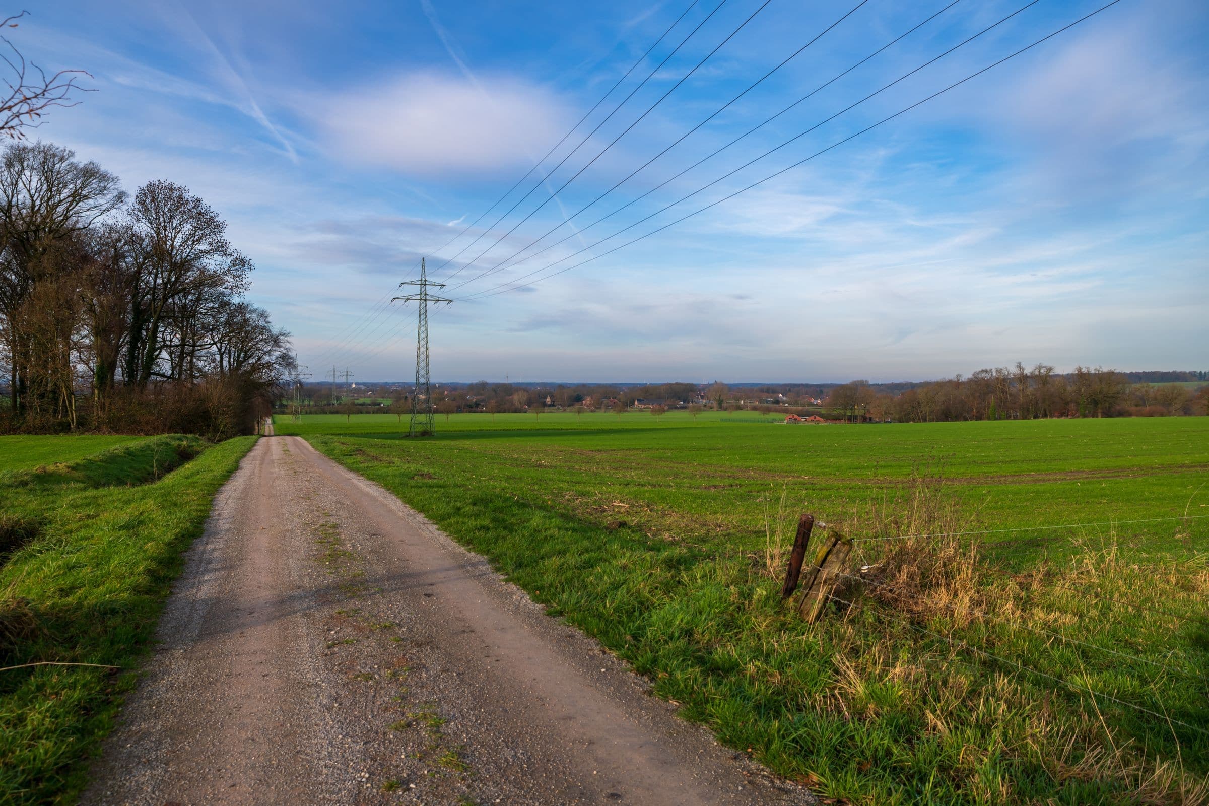 Dirt farm road running beside green fields and power lines near Parkton NC